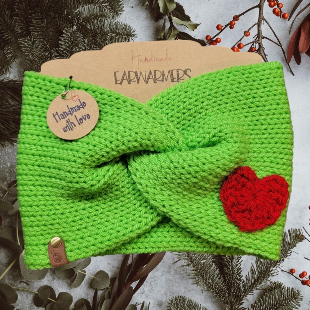 Handmade Adult Green Grinch-Inspired Knit Earwarmer Headband Holiday Christmas
